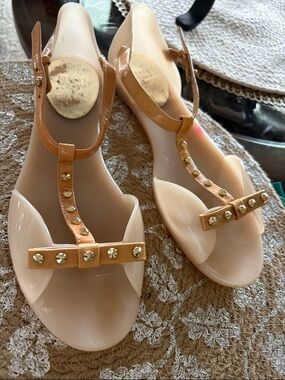 Stuart Weitzman Nude and Tan Studded T-Strap Jelly Sandals